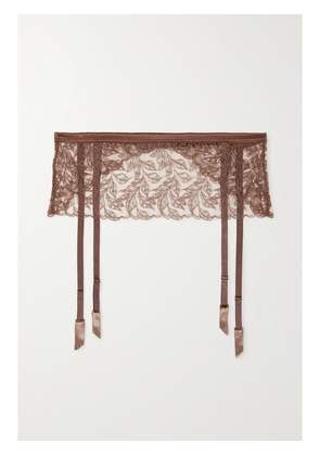 COCO DE MER - Paeonia Satin-trimmed Embroidered Tulle Suspender Belt - Brown - S/M,M/L