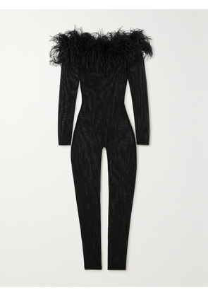 Oséree - Off-the-shoulder Feather-trimmed Stretch-mesh Jumpsuit - Black - small,medium,large,x large