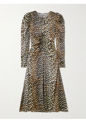 GANNI - Tie-detailed Ruched Leopard-print Satin Midi Dress - Animal print - EU 34,EU 36,EU 38,EU 40,EU 42