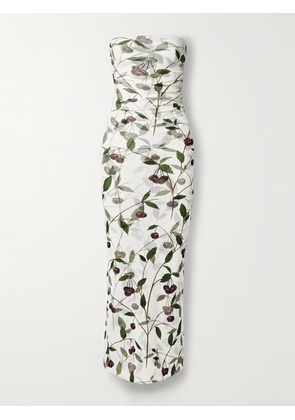 Stella McCartney - Strapless Ruched Printed Stretch-mesh Maxi Dress - Ivory - x small,small,medium,large,x large