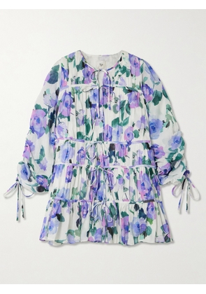 Aje - Clover Tie-detailed Tiered Gathered Floral-print Cotton-voile Mini Dress - Purple - UK 4,UK 6,UK 8,UK 10,UK 12,UK 14,UK 16