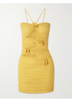 Maygel Coronel - Coari Appliquéd Ruched Cutout Stretch-jersey Halterneck Mini Dress - Yellow - Petite,One Size,Extended