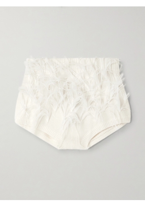 SHUSHU/TONG - Feather-trimmed Wool-blend Shorts - White - UK 6,UK 8,UK 10,UK 12,UK 14