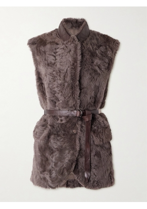 Brunello Cucinelli - Leather-trimmed Belted Plush Fabric Gilet - Brown - IT38,IT40,IT42,IT44,IT46