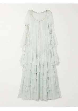 Chloé - Tiered Lace-trimmed Organic Silk-mousseline Gown - Green - FR 36,FR 38