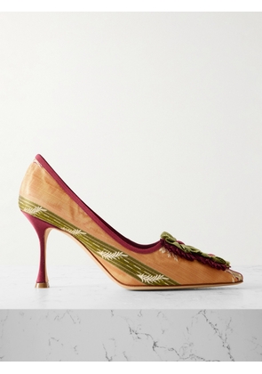 Manolo Blahnik - Montmedy 90 Appliquéd Embroidered Striped Satin Pumps - Orange - IT36,IT36.5,IT37,IT37.5,IT38,IT38.5,IT39,IT39.5,IT40,IT40.5,IT41,IT41.5,IT42
