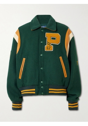 Polo Ralph Lauren - Appliquéd Striped Leather-trimmed Wool-blend Varsity Jacket - Green - xx small,x small,small,medium,large