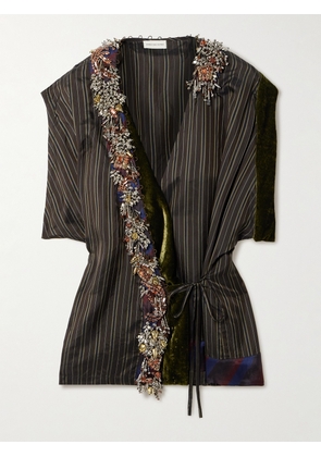 Dries Van Noten - Velvet-trimmed Embellished Striped Satin Wrap Blouse - Brown - FR 34,FR 36,FR 38,FR 40,FR 42,FR 44
