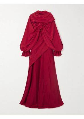 MCQUEEN - Cape-effect Ruffled Draped Silk-habotai Gown - Red - IT40,IT42,IT44,IT46
