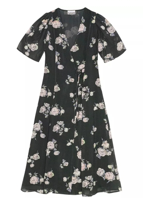 GANNI floral-print crepe wrap midi dress - Black