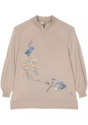 SHIATZY CHEN floral-embroidered split-neck jumper - Brown