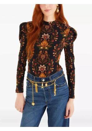 FARM Rio puffed-sleeve floral-pattern bodysuit - Black