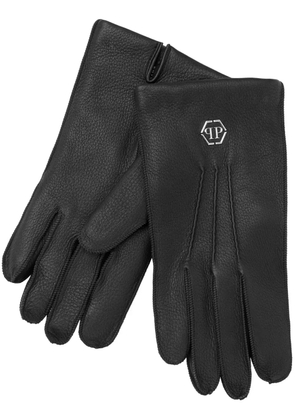 Philipp Plein appliqué-logo leather gloves - Black