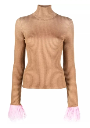 La DoubleJ feather-cuff ribbed-knit jumper - Brown