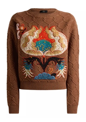ETRO cable-knit floral-embroidered sweater - Brown