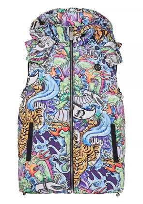 Philipp Plein tattoo-print hooded puffer gilet - Blue