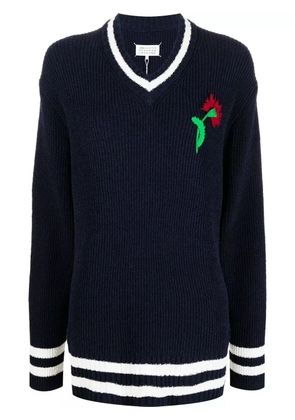 Maison Margiela floral-embroidered V-neck jumper - Blue