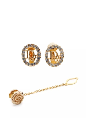 Christian Dior Pre-Owned 1990s-2000s logo rhinestone earrings and pin set - Gold