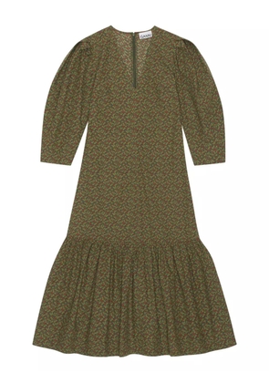 GANNI puff-sleeve floral-print midi dress - Green