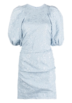 GANNI floral-jacquard puff-sleeve dress - Blue