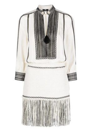 Elisabetta Franchi fringed georgette and tweed minidress - Neutrals
