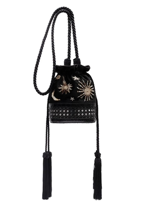 Isla embroidered velvet bucket bag - Black