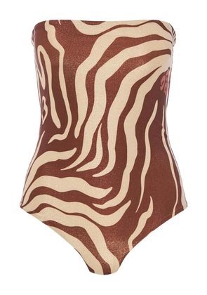 Johanna Ortiz zebra-print strapless swimsuit - Brown