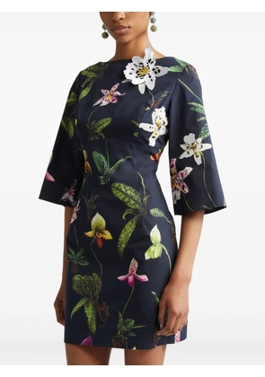 Oscar de la Renta orchid-print bell-sleeve mini dress - Blue