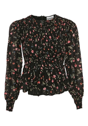 GANNI floral print smocked blouse - Black