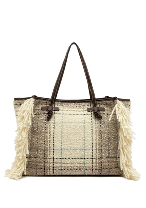 GIANNI CHIARINI Marcella fringed checked tote bag - Neutrals