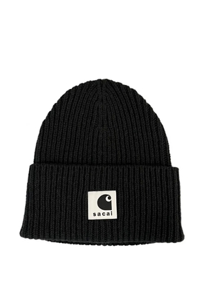 sacai X Carhartt WIP ribbed logo beanie hat - Black