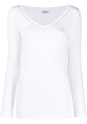 Brunello Cucinelli beaded neckline long-sleeve top - White