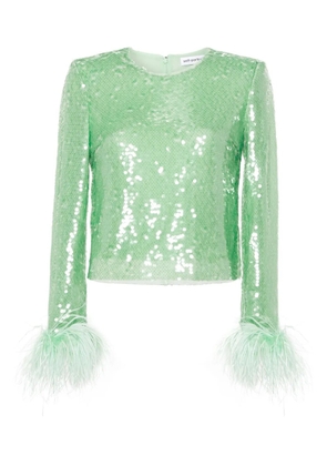 Self-Portrait feather-trim sequinned top - Green
