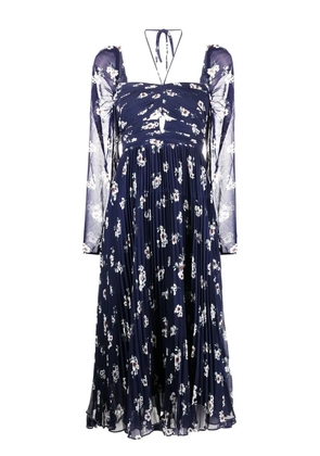Self-Portrait pansy-print pleated midi dress - Blue