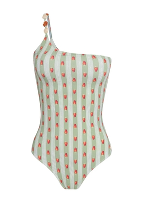 Brigitte one-shoulder stripe strawberry-print swimsuit - Green