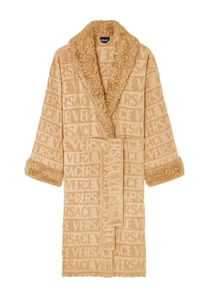 Versace logo-jacquard fleece-trimmed robe - Neutrals