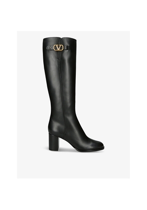 Womens Valentino Garavani Vlogo Brand-Plaque Leather Heeled Knee-High Boots