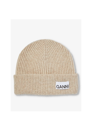 Ganni Logo-Patch Wool-Blend Beanie Hat