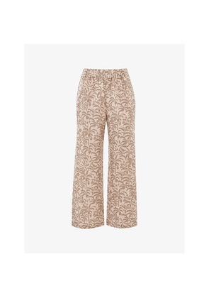 Womens Whistles Palm-Print Elasticated-Waist Linen-Blend Trousers