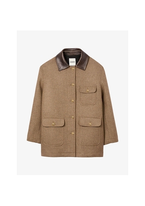 Womens Sandro Contrast-Collar Patch-Pocket Tweed Coat