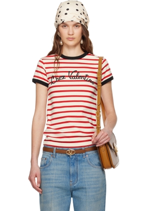 Valentino Red & Off-White Striped Jersey Cotton T-shirt