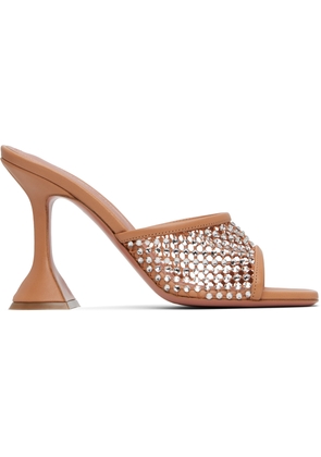 Amina Muaddi Tan Lupita Crystal Net Slipper Heeled Sandals