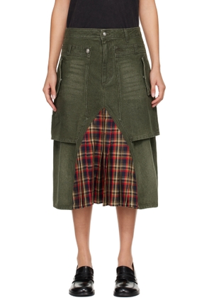 Andersson Bell Khaki Raptor Layered Pleats Denim Midi Skirt