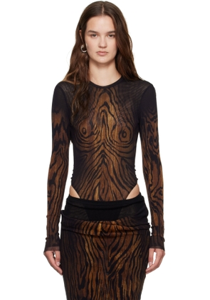 Jean Paul Gaultier Black Mesh Double Layer Printed Wood Bodysuit