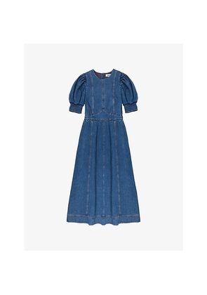 Womens Ro&Zo Puff-Sleeved Side-Pocket Denim Midi Dress
