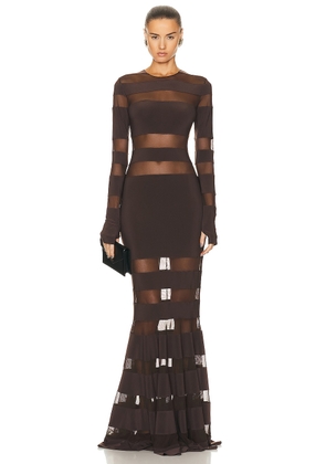 Norma Kamali Spliced Dress Fishtail Gown in Chocolate & Chocolate Mesh - Brown. Size M (also in L, S, XL, XS).