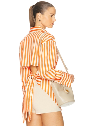 SIMONMILLER Loch Poplin Button Up Shirt in Coral Cabana Stripe - Orange. Size S (also in L, XS).