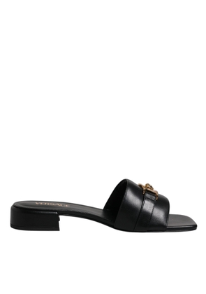 Black Leather Logo Plaque Slip On Slides Flats Shoes - EU37/US7