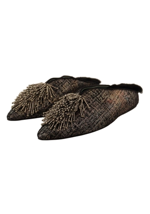 Paola D'Arcano Gold Jacquard Leather Embellished Slip - EU37/US6.5