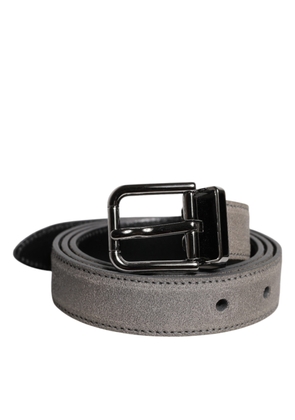 Gray Leather Silver Tone Metal Buckle Belt - 85 cm / 34 Inches